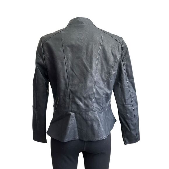 Baccini Black Zip Faux Leather Black Jean Jacket Peplum Style Medium New - Picture 5 of 10
